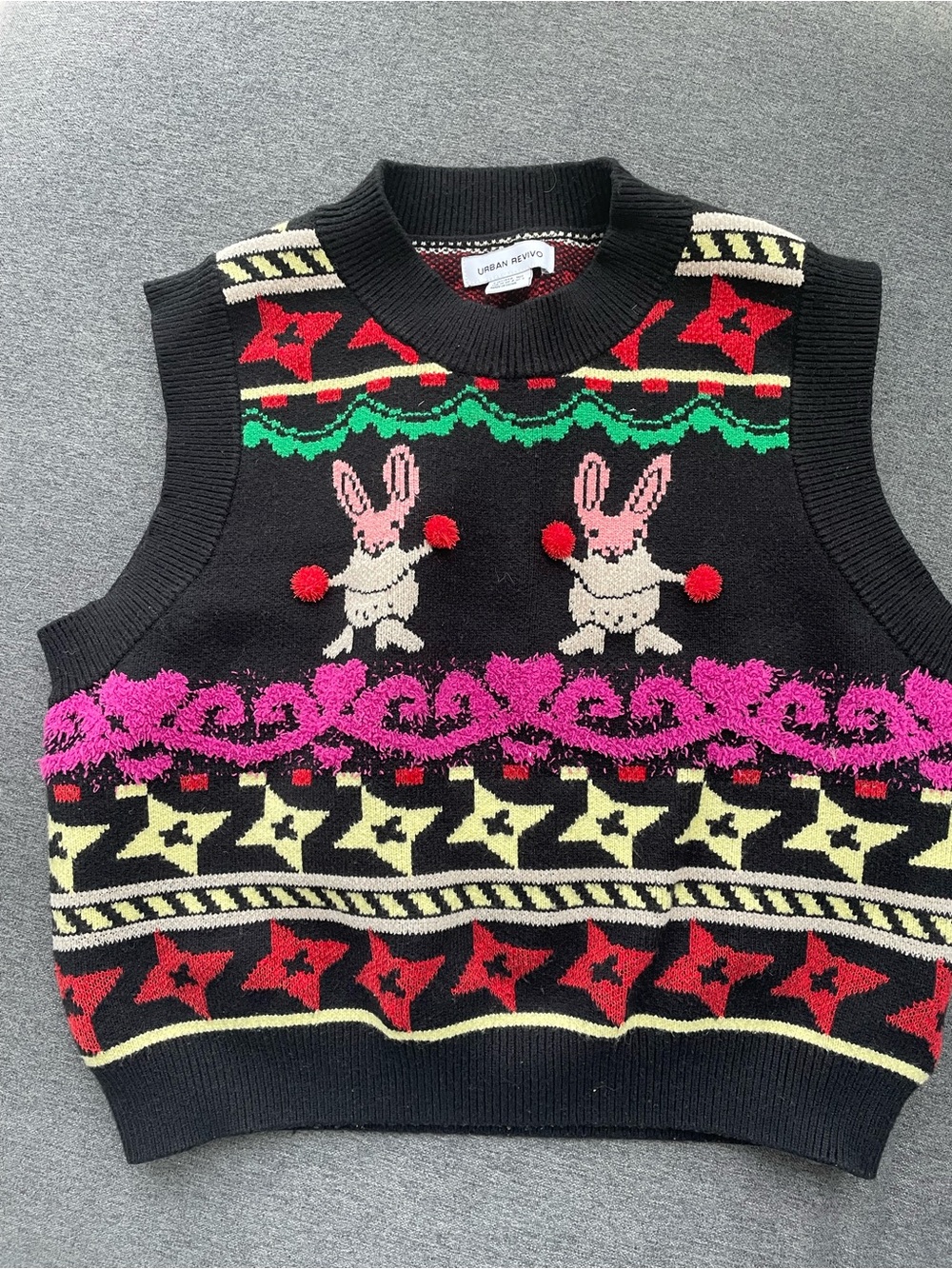 Urban Revivo Black Festive Bunny Crewneck Sweater Vest